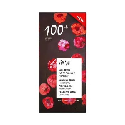 VIVANI - Chocolate BIO Escuro, 100% Cacau com pedaços de framboesa, 80g